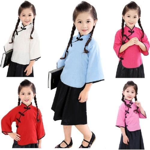Hooyi Girls T-Shirt Jumper Skirts Clothes Suits Fashion Children School Clothing Sets Chinese Style Costumes 100% Cotton Sets