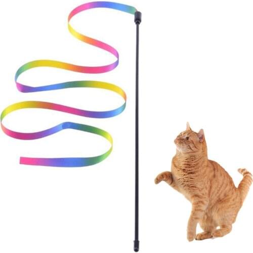 Interactive Cat Toys Rainbow Cat Catcher Ribbon Wand Stick Teaser Stick Toy for Kitten Training
