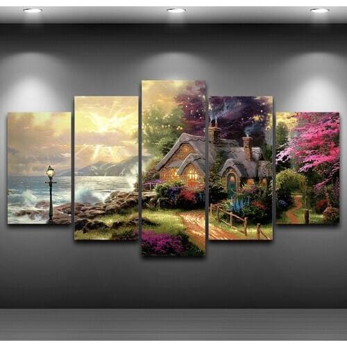 5 Panel Seashore Cottage Classic Oil Painting HD Print Canvas Wall Art Modular Picture Modern Frame For Living Room Decor