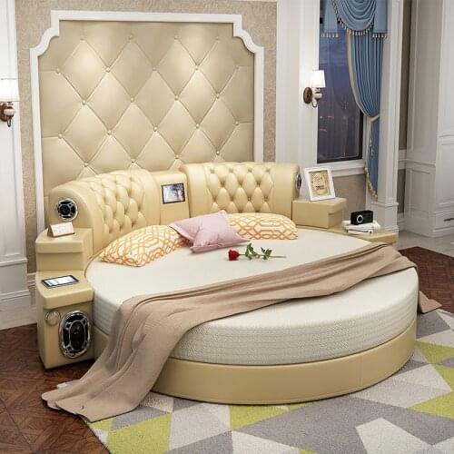 China Luxury 2.0m Genuine Leather Soft Bed Round Beds with TV Options Music Player кровать
