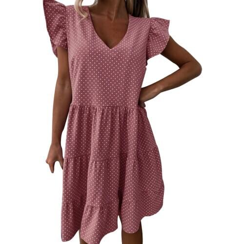 Women Summer Dress Fashion Bubble Sleeve V-Neck Wave Point Sweet Ruffle Cake Dress Elegant And Female Vestidos