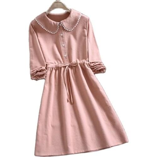 Mori Girl Cute Dress Women Spring Peter Pan Collar solid Lace Up Ropa Mujer Kawaii Long Sleeve plus size cotton dresses women