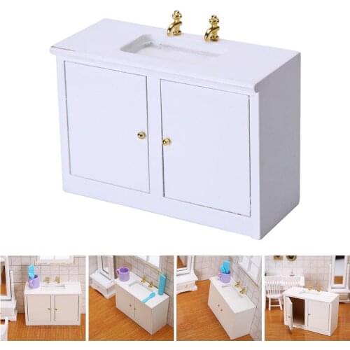 Retro 1/12 Wood Miniature Doll House Bathroom Sink Washbasin Cabinet Model