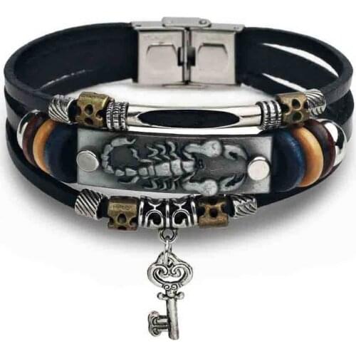 2019Trendy New Style Multi-layer Scorpion Bracelet Men Simple Personality Making Black Genuine Leather Men Charm Bracelets