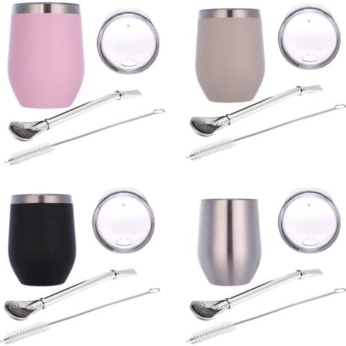 Double-Wall Stainless Yerba Gourd Mate Tea Set Water Mate Tea Cup with Lid Spoon Straw Bombilla Head Filter Brush