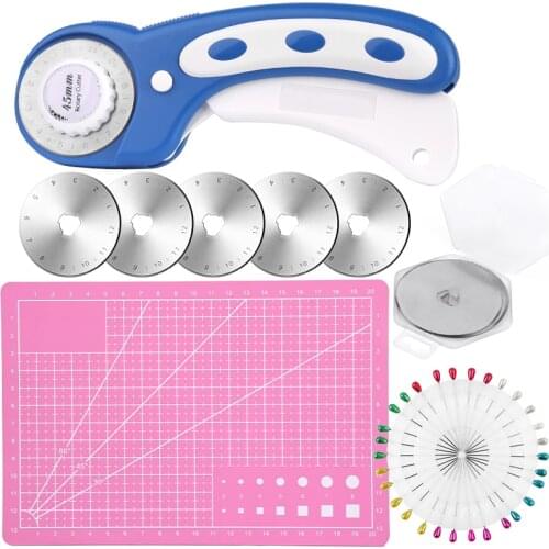 Nonvor Rotary Cutter Set 45mm Rotary Cutter with 5Pcs Replacement Blades Sewing Pins and A5 Cutting Mat for Fabric Quilting
