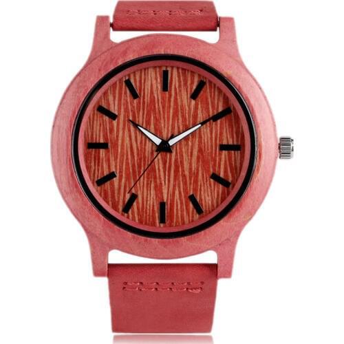 Hot Pink Wrist Watch Wooden Genuine Leather Strap Nature Wood Bamboo Pattern Band Women Ladies Novel Creative Gift