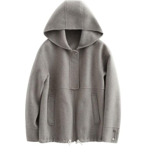 2020 New Suit-dress Two-sided Wool Overcoat Thin Section Loose Coat Suit-dress Solid Color Even Hat Zipper Wool Overcoat