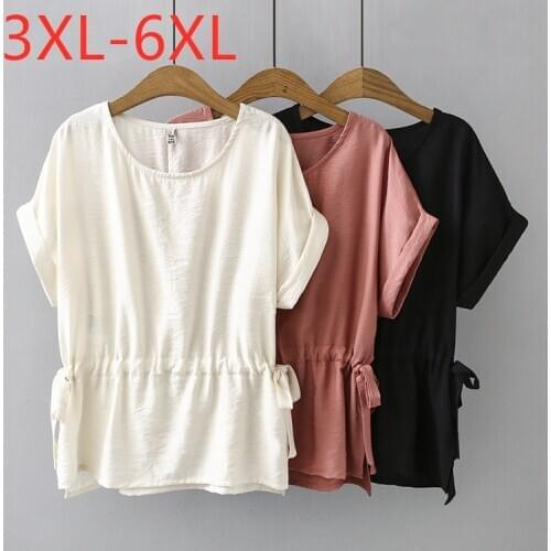 New 2021 summer plus size tops for women large loose short sleeve cotton belt O neck T-shirt white pink black 3XL 4XL 5XL 6XL