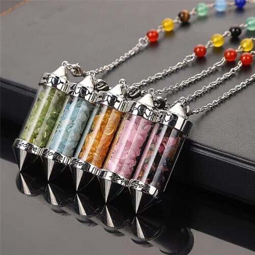 New Arrival 7 Chakra Wishing Bottle Pendulum Reiki Natural Chip Stone Pendant Necklace for Women Men Divination Amulet