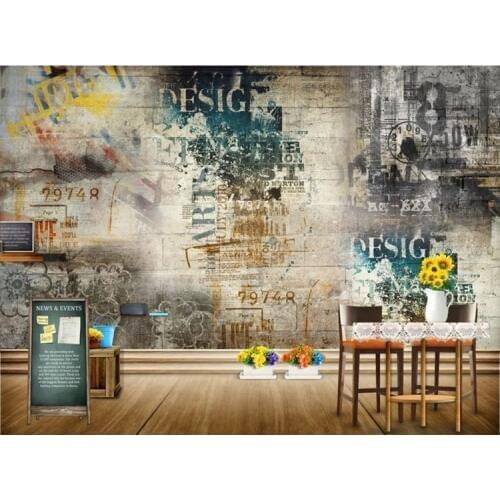 Retro Industrial Wind Cement Brick Wall Brick Wallpaper English Letter Art Large Fresco Cafe Internet Cafe Wallpaper