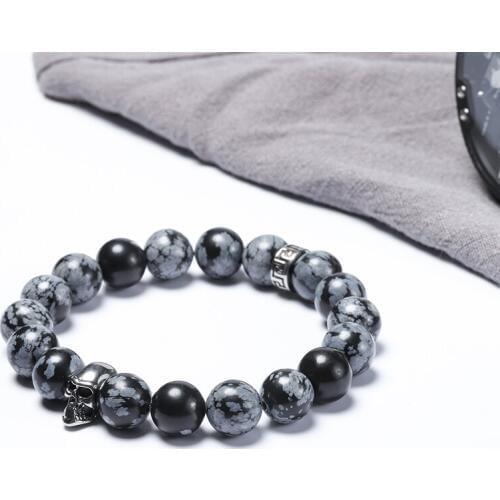 Wholesales 10mm natural stone beads men bracelets snowflake stone stainless steel skull bracelet 50pcs/lot+free shipping