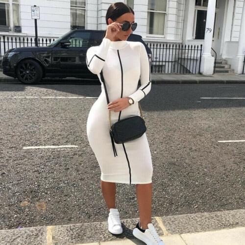 Winter Autumn New Women Ladies Fitness Long Sleeve High Neck Solid Elegant Bodycon Pencil Party Club Midi Dresses