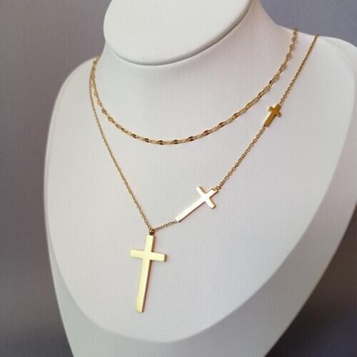 Rose gold titanium steel necklace, Cross double titanium steel clavicle necklace, Do not fade