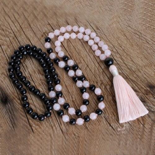 108 Black Onyx Rose Q-uartz Mala Necklace Hand Knotted 108 Beads With Handmade Tassel Necklace For Women Girls