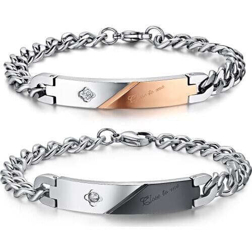 316L Stainless Steel Couple Bracelets For Men And Women Wholesale Loves Rose Gold&Black Bracelet With Shiny CZ Stone 1 PCS