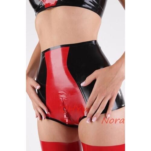 Sexy Women Black with Red Latex Lingerie Shorts Exotic Rubber Underwear High Waist Panties with Crotch Zip