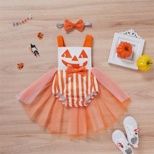 Baby Girl’s Casual Suspender Romper Cute Halloween Printed Mesh Yarn Hem Jumpsuits and Headband 2 Piece Set for 0-12 Months
