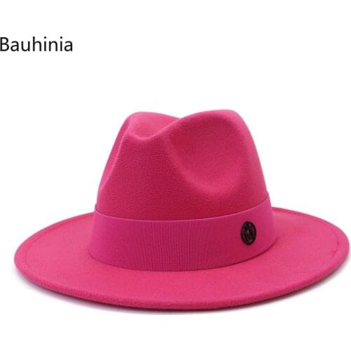Bauhinia Ladies Elegant Wide Brim Jazz Fedora Hats Winter Autumn Wool M letter Ribbon Party Dress Cap