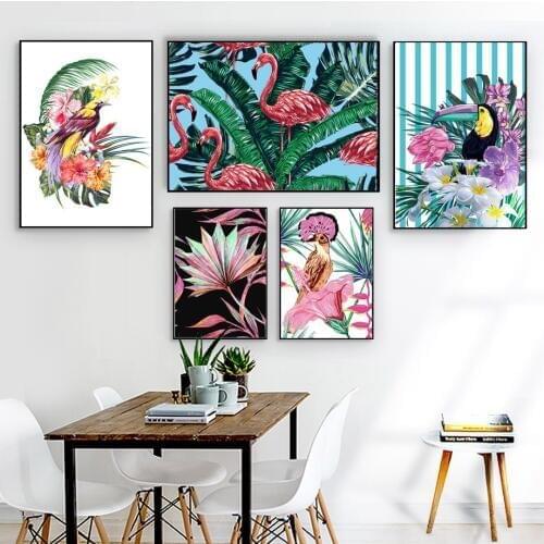 Nordic Animal Canvas Art Toucan Cuckoo Parrot Flamingo Painting Watercolor Flower Posters And Prints Wall Art Picture Home Decor