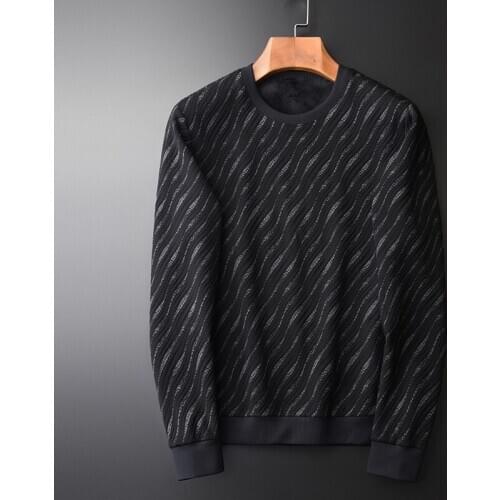 Add Velvet Men Luxury Round Collar Yarn Dye Stripe Sweatshirt Male Autumn And Winter Slim Fit Mens Hoodies 4XL