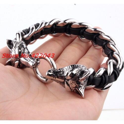 Heavy Mens Jewelry Stainless Steel Black Leather Wolf Heads Bracelet Biker Heavy Jewelry Gifts Silver color 16mm Bangles 8.66"