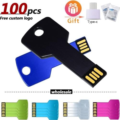 100pcs/lot Custom Brand Metal Key Usb Flash Drive 2.0 Waterproof Pendrive 4GB 8GB 16GB 32GB 64GB Memory Stick Gifts(Free Logo)