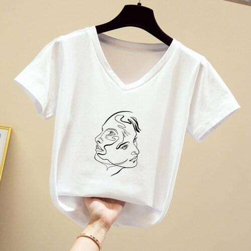 Aesthetic Art T Shirts Women 2020 Summer V Neck Short Sleeve Harajuku Print Tshirt Ulzzang Casual Lady Top Tee Shirt Femme