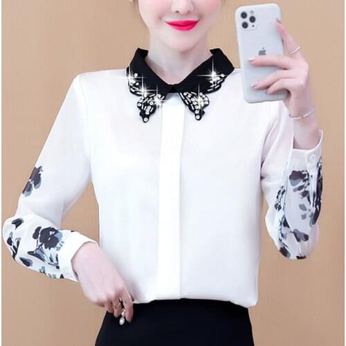 Autumn Spring Blouse Shirt New Womens Korean style Chiffon shirt Fashion long-sleeved Diamond Printed Office lady Tops