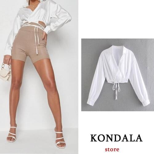KONDALA Za Women Fashion White New Summer Shirt High Street Blouse Sexy Cropped Deep V Neck Tie Tops Mujer Elegant Mujer Blusas