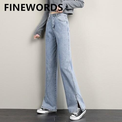 FINEWORDS Wide Leg Split High Waist Jeans Women Korean Casual Loose Straight Jeans Full Length Streetwear Retro Blue Denim Pants