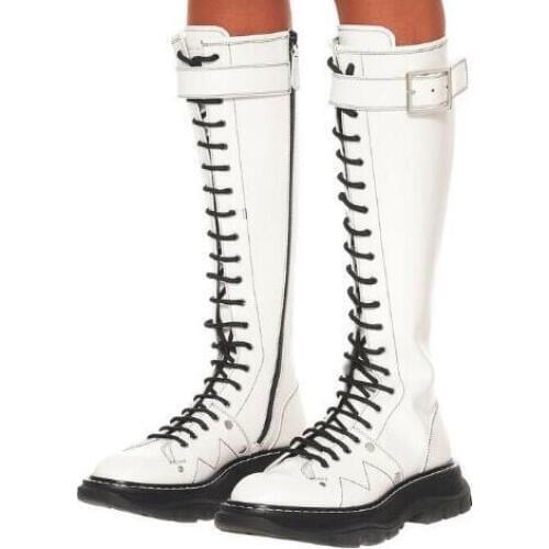 White Black Leather Woman Lace Up Front Round Toe Casual Knee High Flat Martin Boots Girls Buckle Long Knight Boots