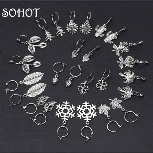 SOHOT New Hot Sale Plant Christmas Tree Sunflower Palm Tree Cactus Rose Pendant Women Hoop Earrings Vintage Chic Jewelry Bijoux