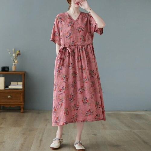 Women Cotton Linen Casual Dress New Arrival 2021 Summer Vintage Style V-neck Floral Print Loose Ladies A-line Long Dresses B865