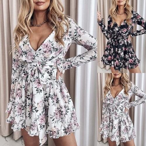 Spring Autumn Mini Dress New Sexy Deep V-neck Floral Print Long Sleeve Ruffles Lace Up Beach Party Dresses For Women Robe Femme