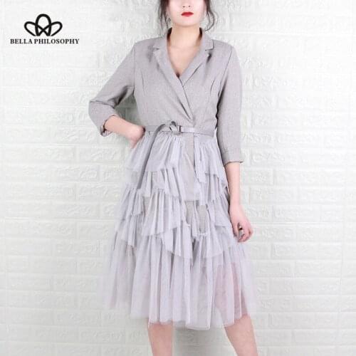 Bella Philosophy Summer Mesh Patchwork Women Dress Lapel Three Quarter Sleeve Sashes High Waist Knee Dresses Female Fashion