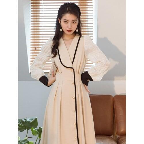 Office Lady Dress Autumn Pleate Chiffon Stitching Long Sleeve French Lapel Elegant Chic Korean Loose Retro Suit Dress OL Vestido