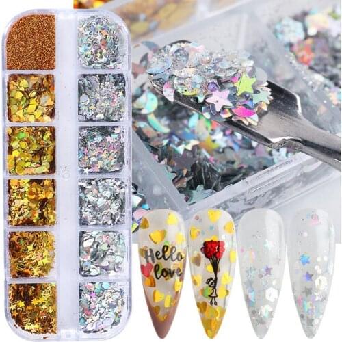 12 Grids/Box Nail Flakes Easy to Stick Abnormality ABS Gold Silver Manicure Shiny Flakes for Female