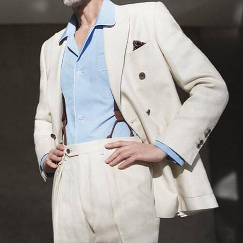 2020 Fashion Custom Men Suits Formal Wedding Dress Big Size Slim Fit Tuxedos Mens Suit Ivory Linen Beach Wedding Party Suits