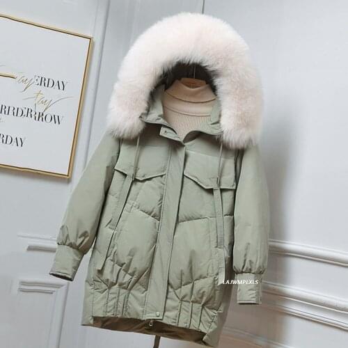 2021 New Winter White Duck Down Coat Large Real Fur Hooded Down Jacket Mid-length Loose Thick Warm Women Snow Outwear