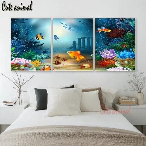 3 pieces diy diamond painting Underwater World Fishs Triptych painting diamond embroidery Modern Decor Wall Pictures Mosaic