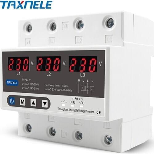 3 three phase Voltage Relay Protector 63A 60A 220V 380VAC 3P+N Over Under Voltage Relay adjustable protect high low votage