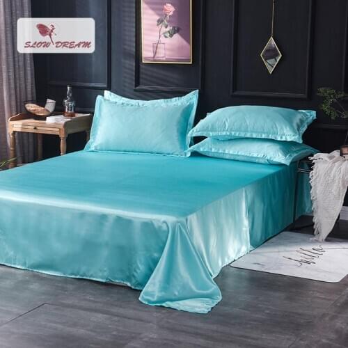 44 Light Blue 100% Stain Silk Flat Sheet Bed Linen Euro Double Queen King Silky Healthy Bedding Home Textiles 1PCS