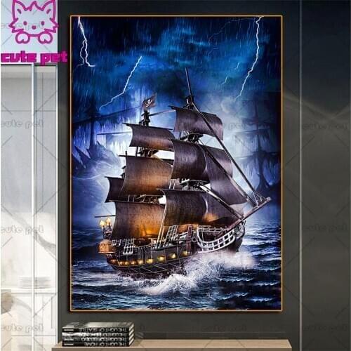 DIY Full Diamond Painting Sea boat Cross Stitch Pirate Ship Mosaic Craft Needlework 5d Embroidery Rhinestone decoration salon