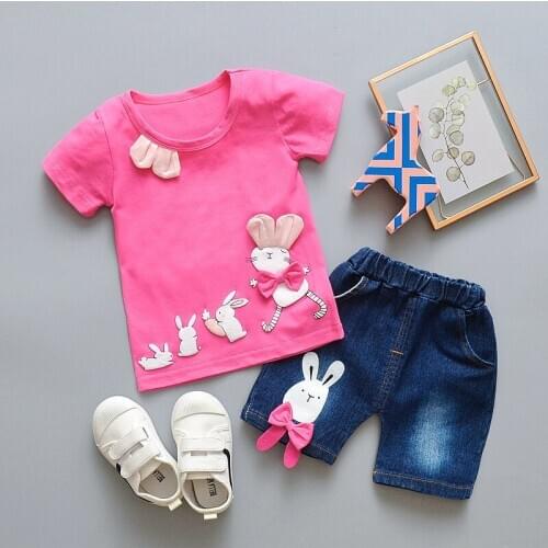 Kids Girls Summer Clothing Set Infant Girls Outfits Cotton T-Shirt+Denim Shorts 2pcs Toddler Girls Cartoon Style Clothing