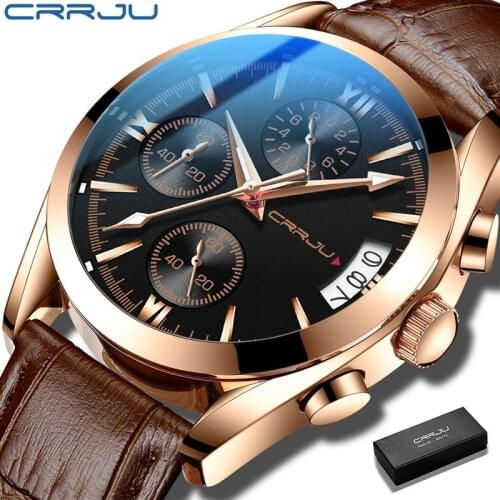 CRRJU 2021 New Men Watch Waterproof Quartz Men Watches Chronograph Sport Wristwatch Leather Business Male Clock Watch With Box