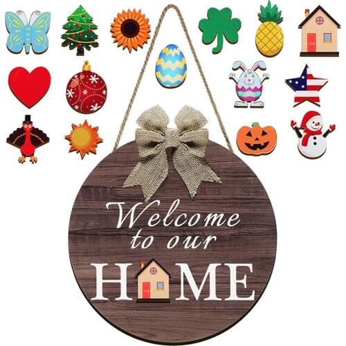 Wooden Seasonal Welcome to Our Home Porch Front Door Sign with Ornaments for Independence Day Holiday Decor outdoor decor