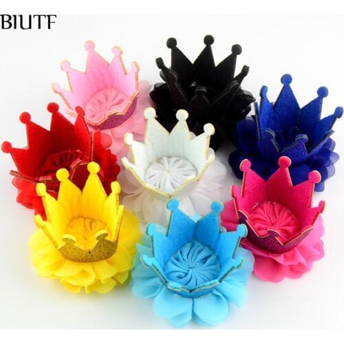 30pcs/lot Princess Glitter Felt Crown with Two Layers Chiffon Flower Flatback Handmade Headwear for First Birthday Hat GC02