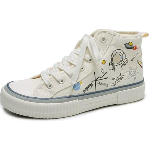 Casual Shoes Women New Cartoon Canvas Shoes Lace-up High Top Sports Shoes Vulcanized Shoes Fashion Flats Shoes Famale Sneakers
