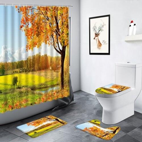 Red Maple Autumn Rural Scenery Shower Curtains Yellow Leaves Forest Bathroom Decor Carpet Non-slip Door Mat Toilet Bath Mats Set